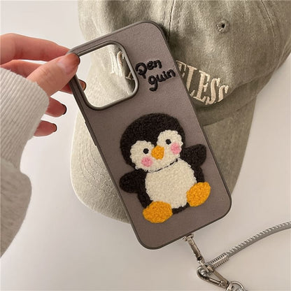 Penguin Embroidered Phone Case / Faux Leather Strap / Set - iPhone 16 Pro Max / 16 Pro / 16 Plus / 16 / 15 Pro Max / 15 Pro / 15 Plus / 15 / 14 Pro Max / 14 Pro / 14 Plus / 14 / 13 Pro Max / 13 Pro / 13 / 13 Mini