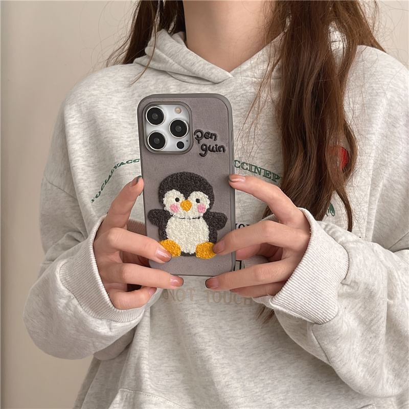 Penguin Embroidered Phone Case / Faux Leather Strap / Set - iPhone 16 Pro Max / 16 Pro / 16 Plus / 16 / 15 Pro Max / 15 Pro / 15 Plus / 15 / 14 Pro Max / 14 Pro / 14 Plus / 14 / 13 Pro Max / 13 Pro / 13 / 13 Mini