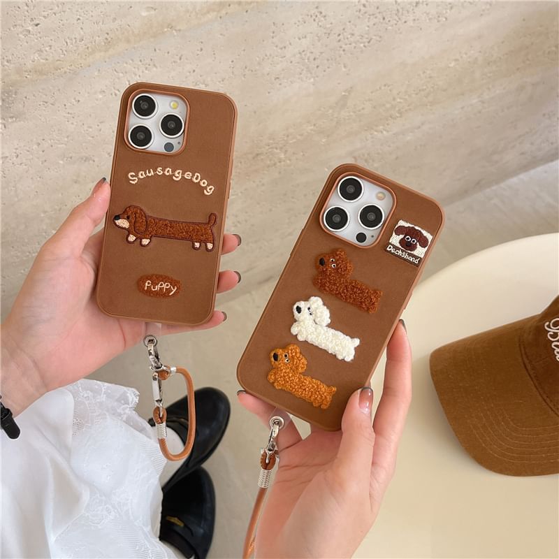 Dog Embroidered Phone Case / Strap / Set - iPhone 16 Pro Max / 16 Pro / 16 Plus / 16 / 15 Pro Max / 15 Pro / 15 Plus / 15 / 14 Pro Max / 14 Pro / 14 Plus / 14 / 13 Pro Max / 13 Pro / 13 / 13 Mini