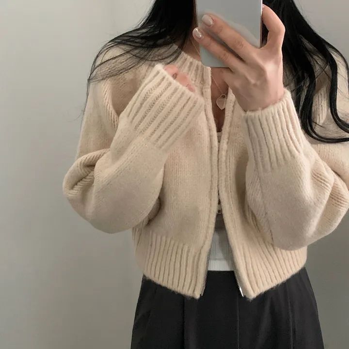 Round Neck Plain Zip Cardigan