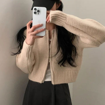 Round Neck Plain Zip Cardigan