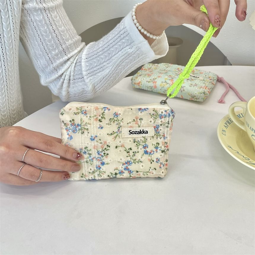 Lettering Floral Print Cosmetic Pouch