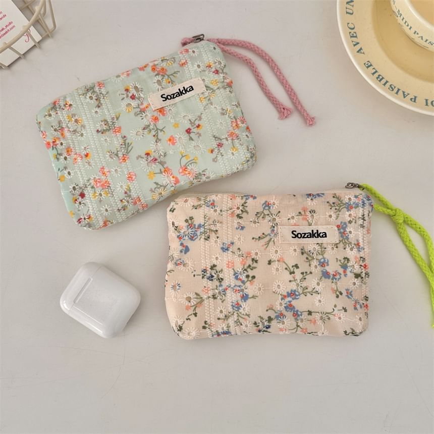 Lettering Floral Print Cosmetic Pouch