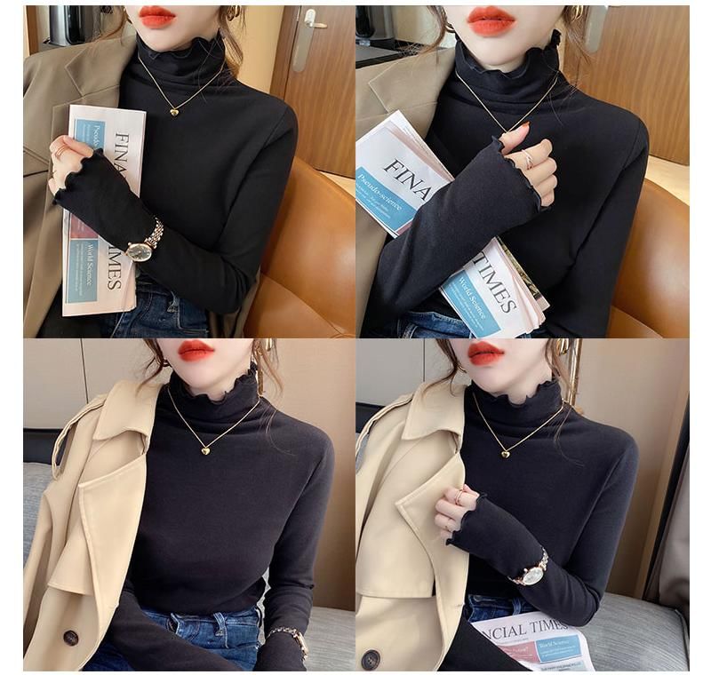 Long Sleeve Turtleneck Plain Lettuce Edge Top