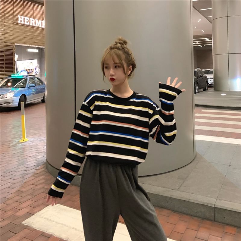 Long Sleeve Crew Neck Striped Tee