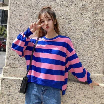 Round Neck Striped Slit Sweatshirt