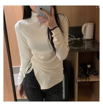 Long Sleeve Mock Neck Plain Drawstring Top