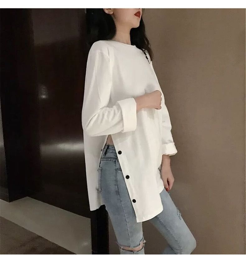 Long Sleeve Crew Neck Plain Button Slit Tee