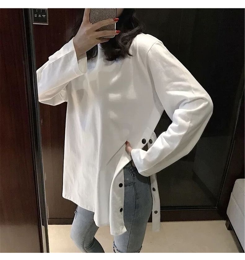 Long Sleeve Crew Neck Plain Button Slit Tee