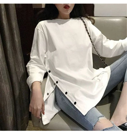 Long Sleeve Crew Neck Plain Button Slit Tee