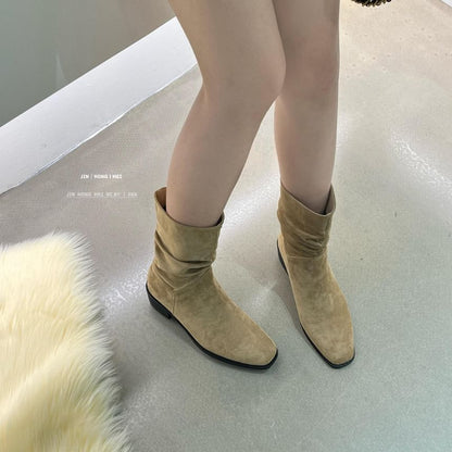 Chunky Heel Plain Ruched Short Boots