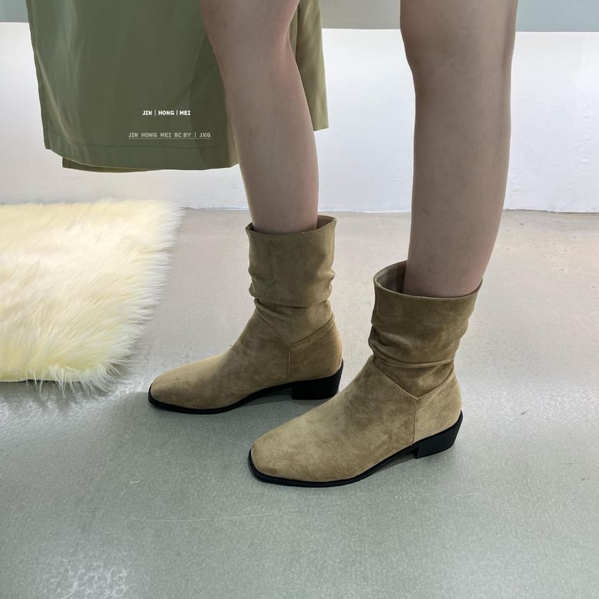 Chunky Heel Plain Ruched Short Boots