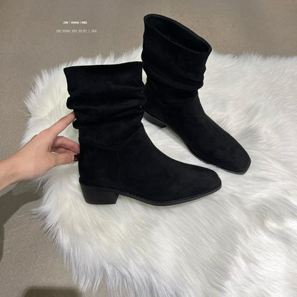 Chunky Heel Plain Ruched Short Boots