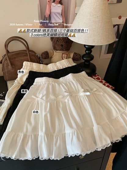 High Rise Plain Bow Lace Trim Mini A-Line Skirt