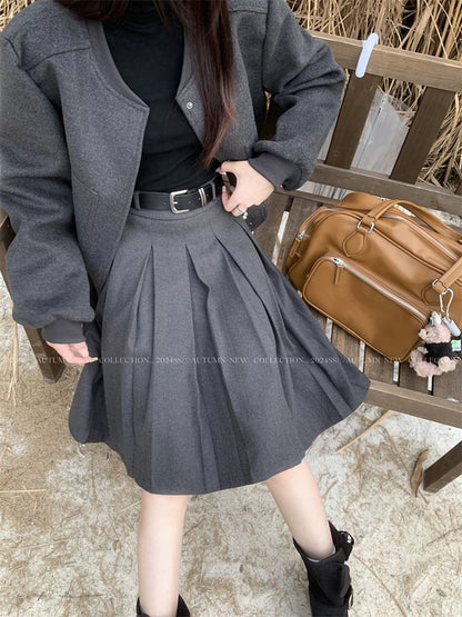 High Waist Plain Pleated A-Line Skirt