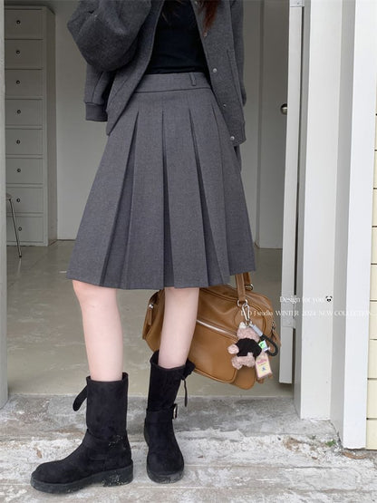 High Waist Plain Pleated A-Line Skirt