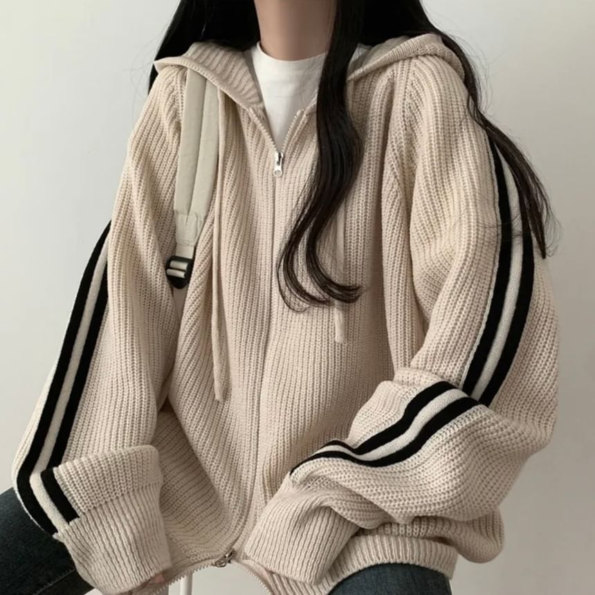 Striped Hooded Oversized Zip Cardigan