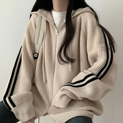 Striped Hooded Oversized Zip Cardigan