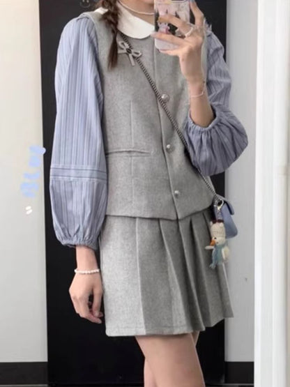 Puff-Sleeve Striped Shirt / Plain Single-Breasted Vest / High Waist Pleated Mini A-Line Skirt