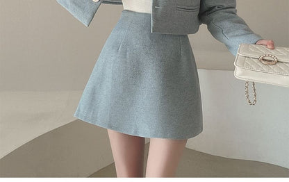 Set: Plain Fluffy Trim Single-Breasted Jacket + High Waist Mini A-Line Skirt