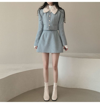 Set: Plain Fluffy Trim Single-Breasted Jacket + High Waist Mini A-Line Skirt