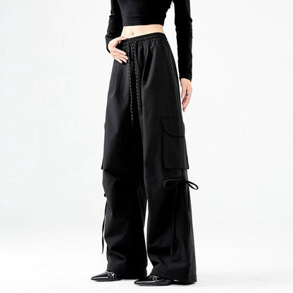 High Rise Plain Pocket Loose-Fit Wide-Leg Cargo Pants