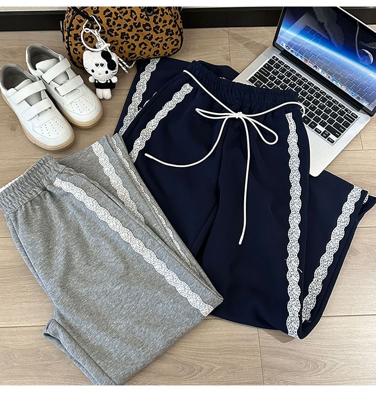 High Waist Lace-Trim Loose-Fit Wide-Leg Sweatpants