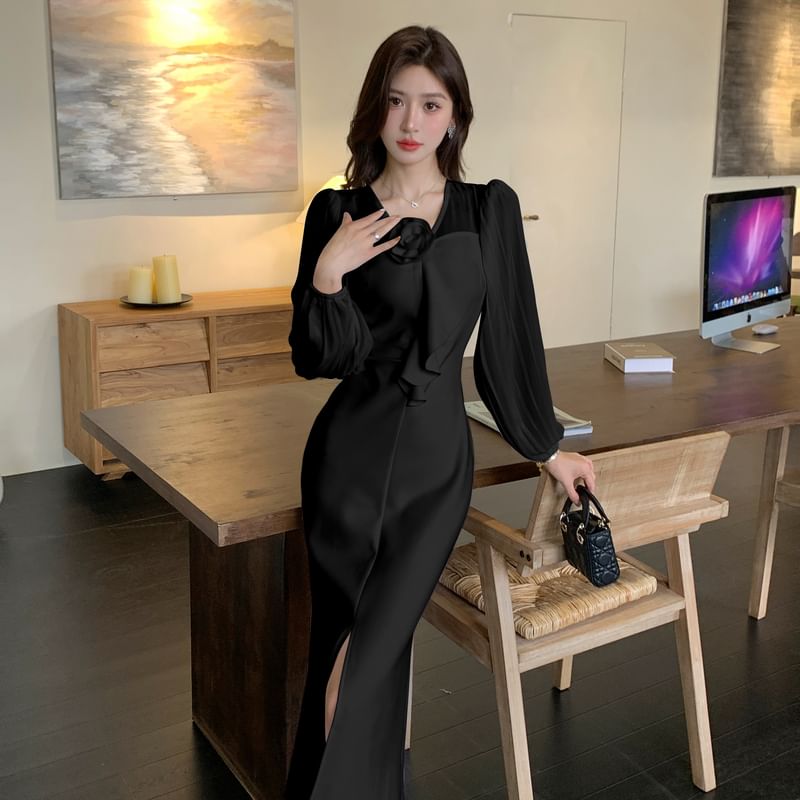 Long-Sleeve V-Neck Plain Flower Accent Slit Midi Sheath Dress