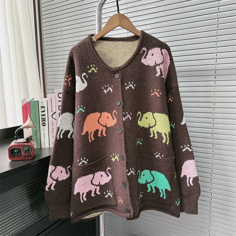 Round Neck Elephant Jacquard Cardigan