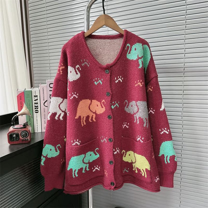 Round Neck Elephant Jacquard Cardigan