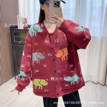 Round Neck Elephant Jacquard Cardigan