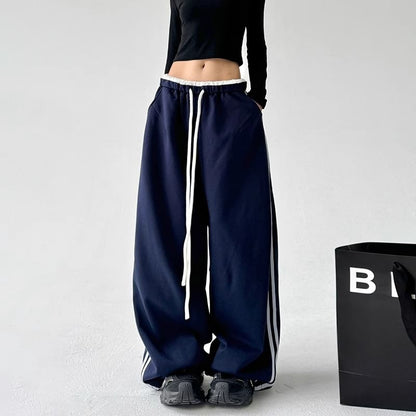 Low Waist Ruffled-Trim Striped Loose-Fit Wide-Leg Sweatpants