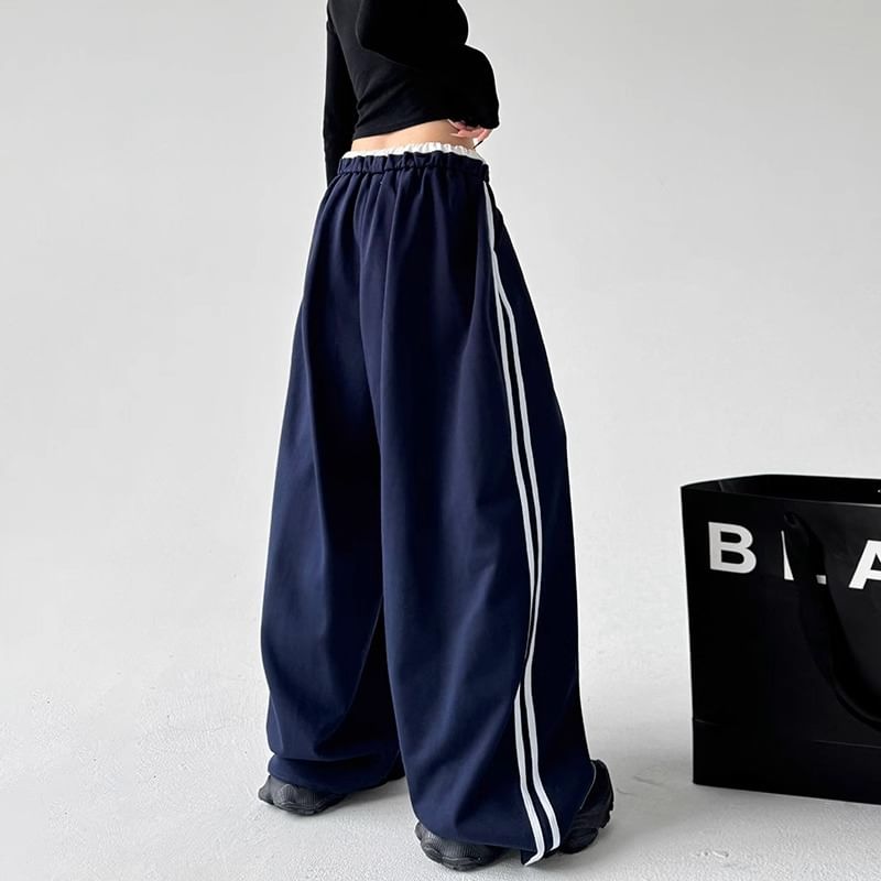 Low Waist Ruffled-Trim Striped Loose-Fit Wide-Leg Sweatpants