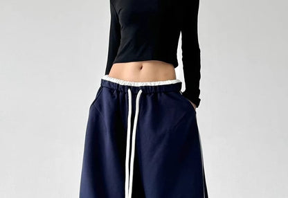 Low Waist Ruffled-Trim Striped Loose-Fit Wide-Leg Sweatpants