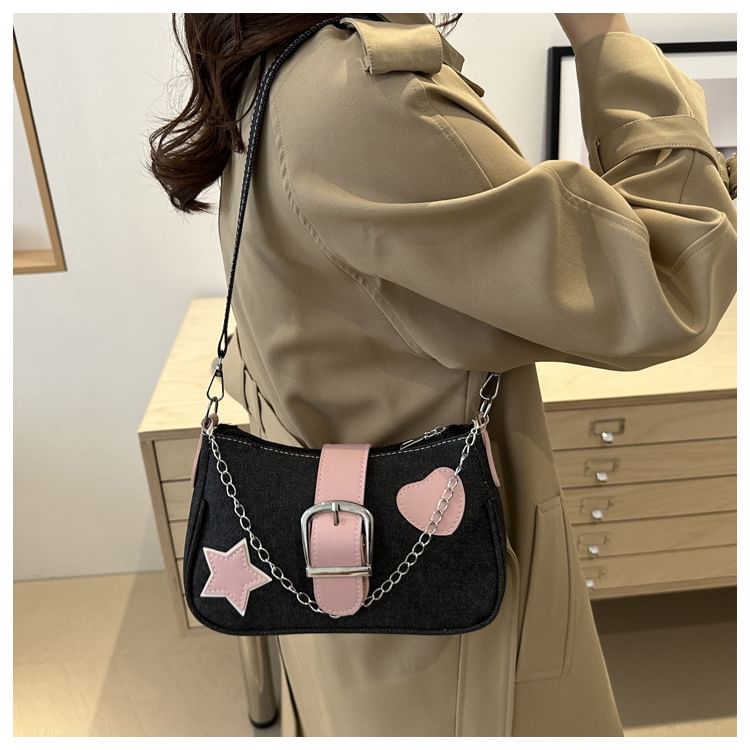 Applique Chained Buckled Denim Crossbody Bag