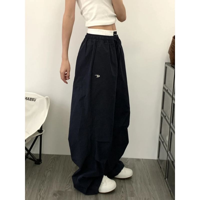 High Waist Color-Block Loose-Fit Wide-Leg Pants