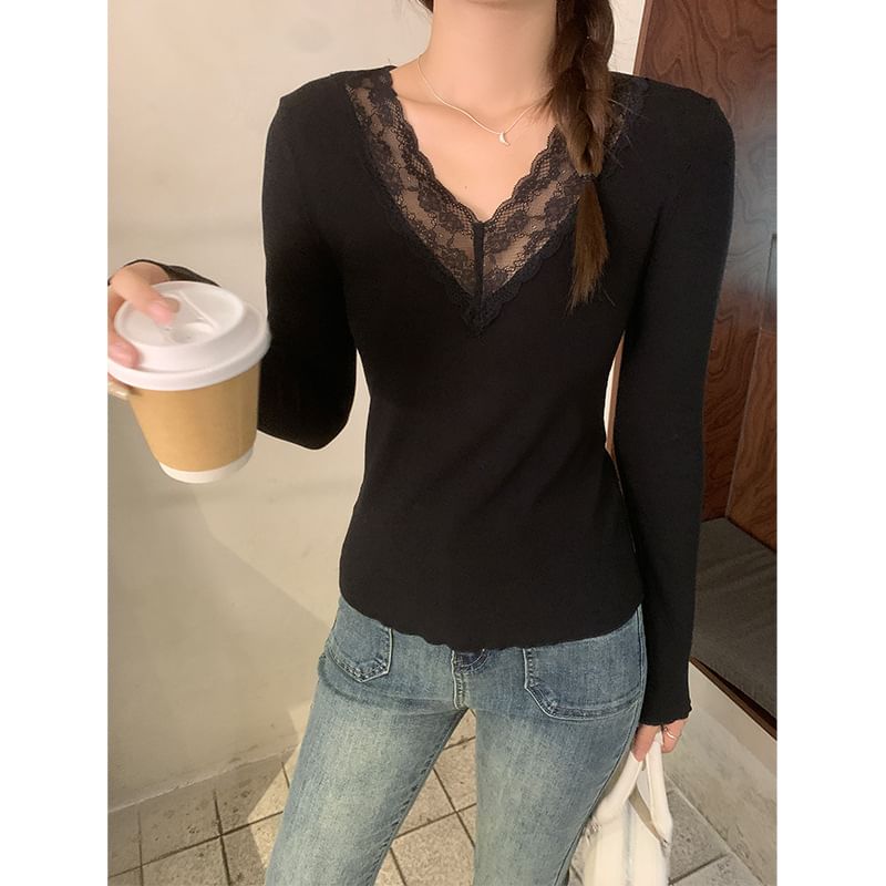 Long-Sleeve V-Neck Plain Lace Panel Slim Fit T-Shirt