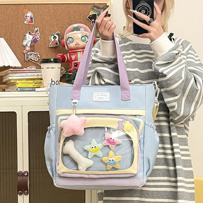 Transparent Panel Nylon Crossbody Tote Bag