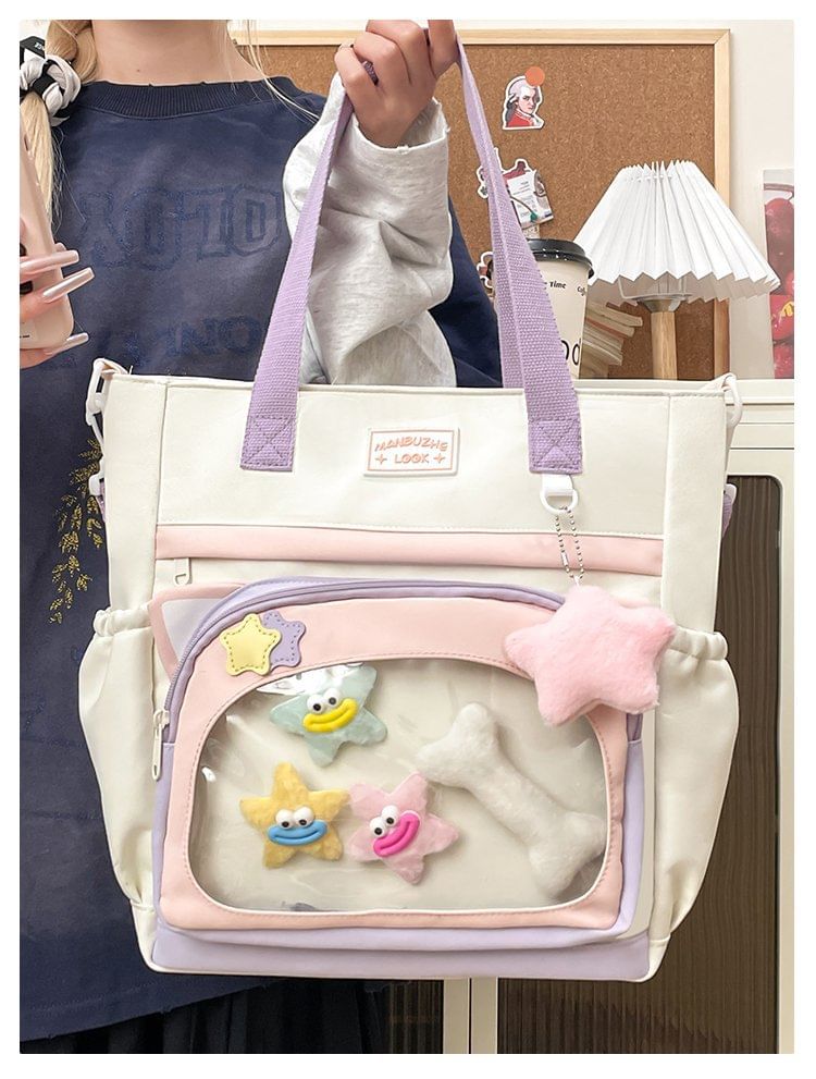 Transparent Panel Nylon Crossbody Tote Bag