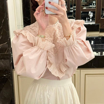 Long-Sleeve Lace Asymmetrical Plain Blouse