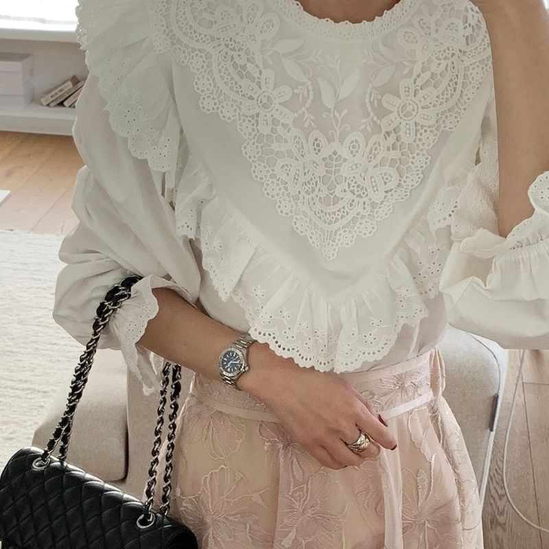 Long-Sleeve Lace Asymmetrical Plain Blouse