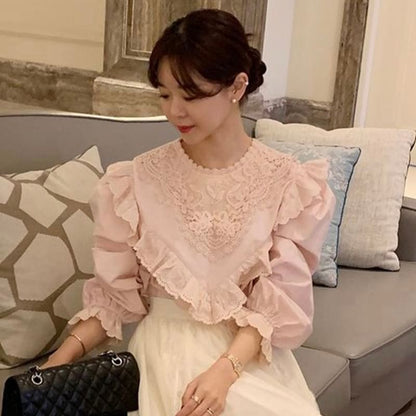 Long-Sleeve Lace Asymmetrical Plain Blouse