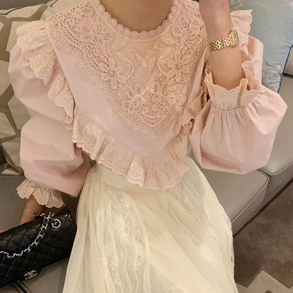 Long-Sleeve Lace Asymmetrical Plain Blouse