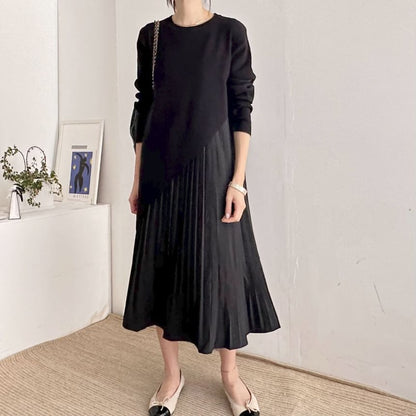 Set: Long-Sleeve Asymmetrical Plain Knit Top + Sleeveless Pleated Midi A-Line Dress