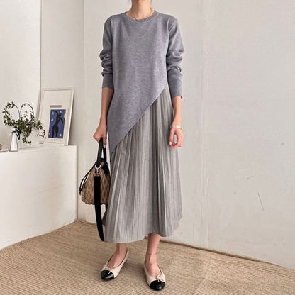 Set: Long-Sleeve Asymmetrical Plain Knit Top + Sleeveless Pleated Midi A-Line Dress