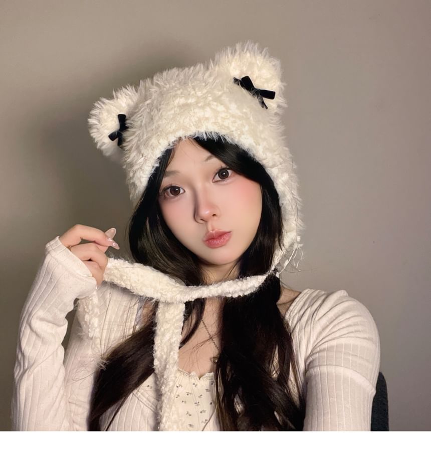 Bear Ear Ribbon Chenille Knit Hat