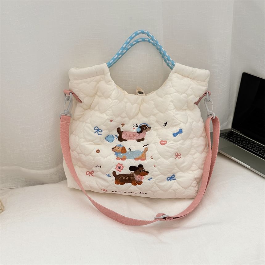 Cartoon Embroidered Heart Quilted Tote Bag