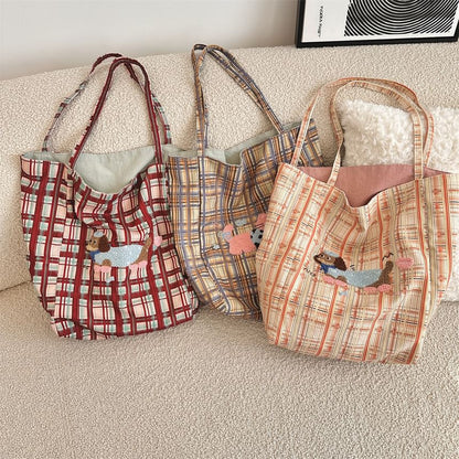 Plaid Cartoon Applique Corduroy Tote Bag