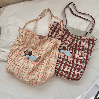 Plaid Cartoon Applique Corduroy Tote Bag