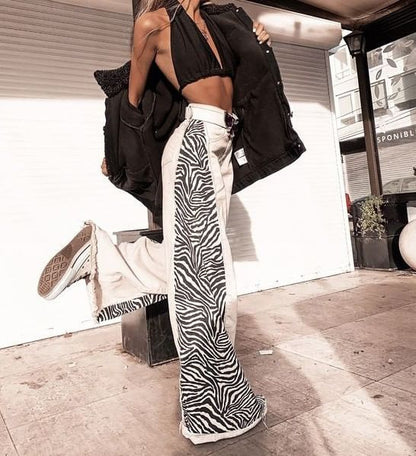 High Waist Animal Print Paneled Loose-Fit Wide-Leg Pants